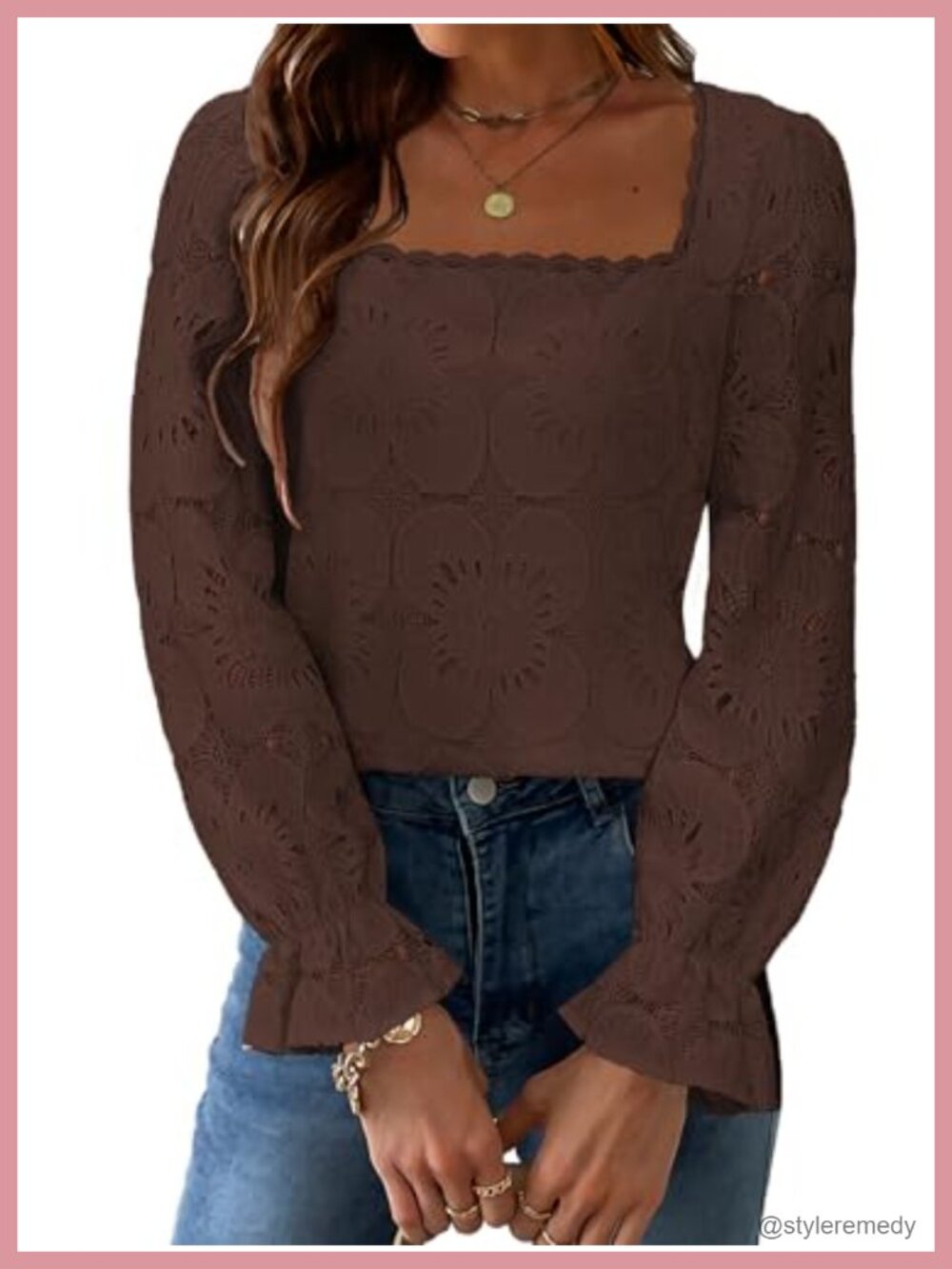 Eyelet Square Neck Puff Long Sleeve Boho Blouse - Cotton Nylon